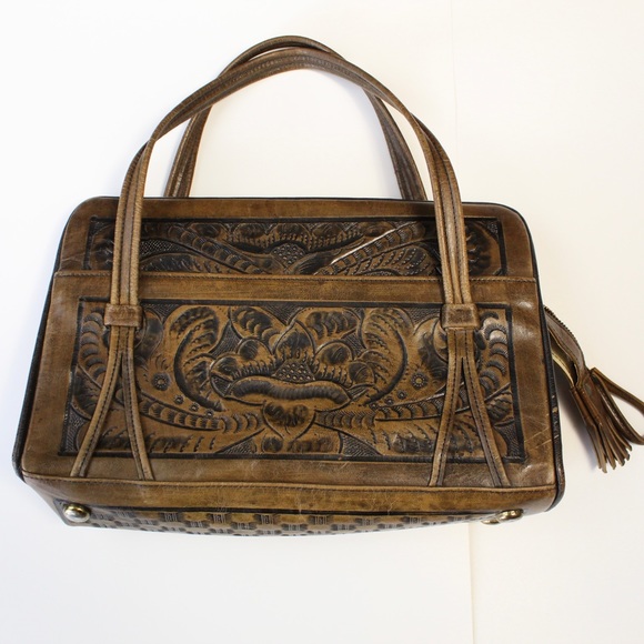 Hand carved tooled leather purse Aztec sun and flower designs genuine leather - Picture 6 of 10